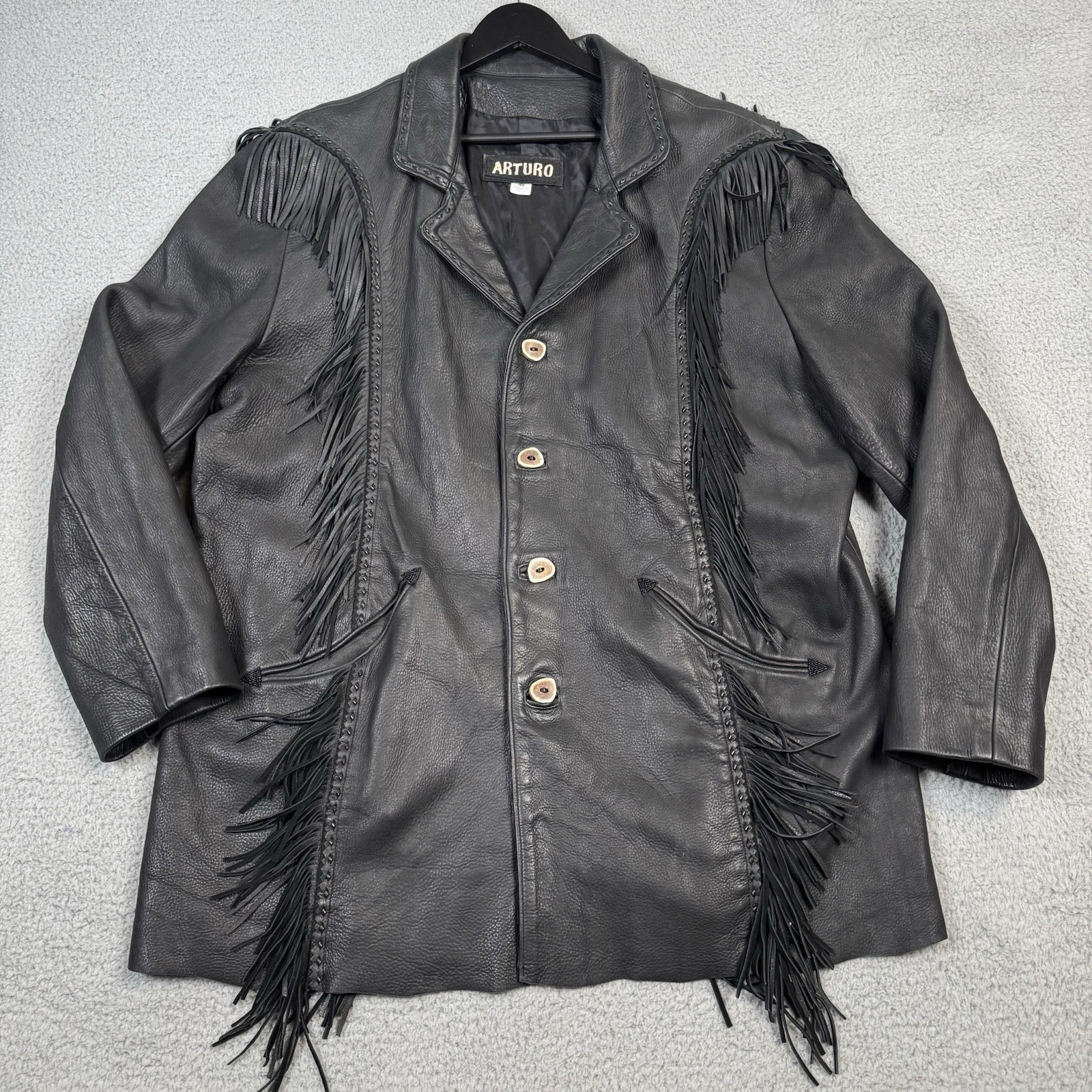 Vtg Arturo Jacket 46 Black Leather Western Fringe Hand Made Mexico Wood Buttons